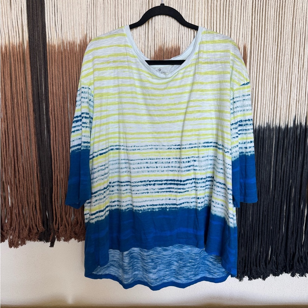 Blue and yellow striped Sunday 3/4 sleeve top; perfect condition